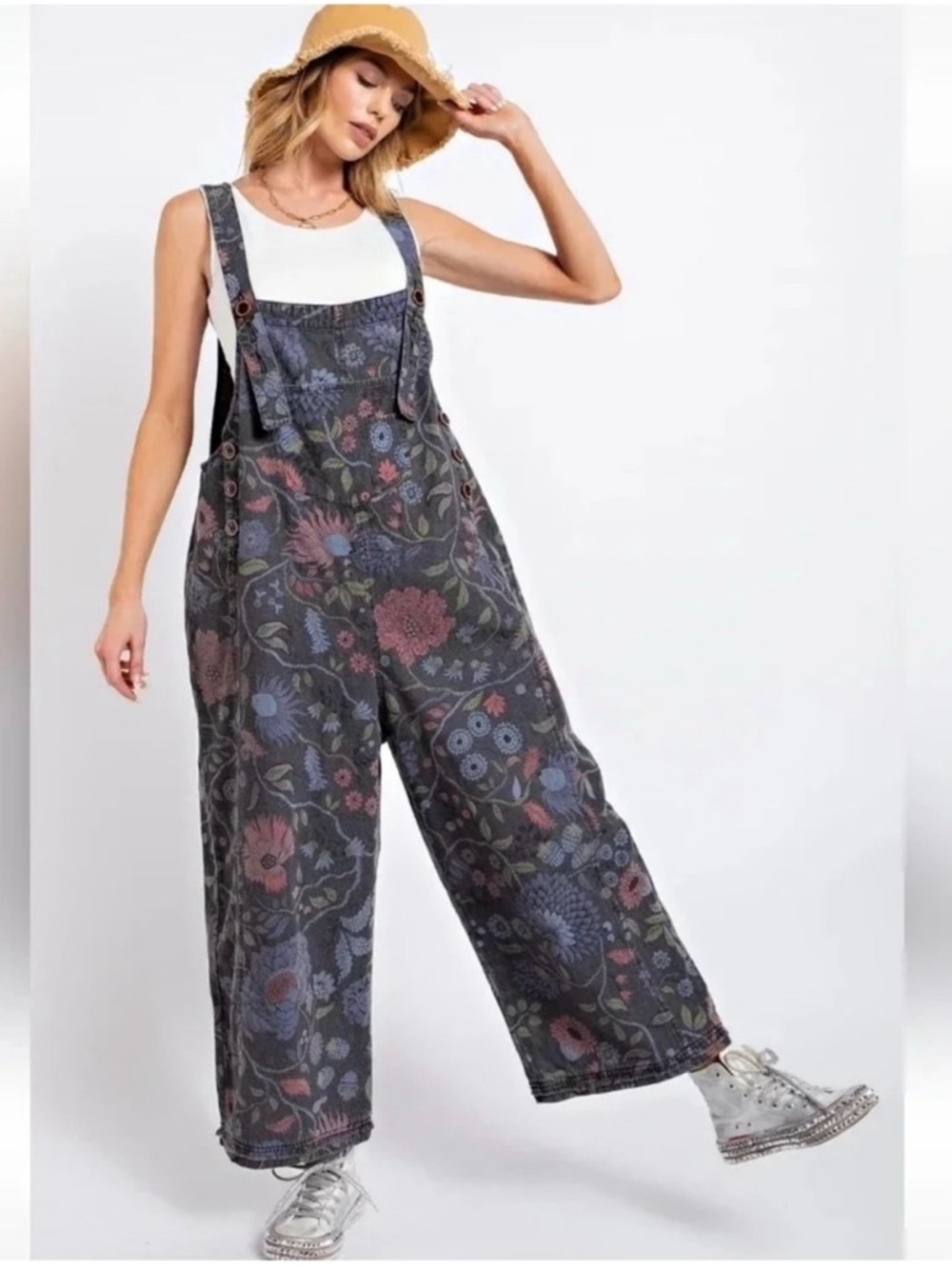 Easel Los Angeles Floral Print Wide Leg Overalls Women’s Boho Patchwork LG